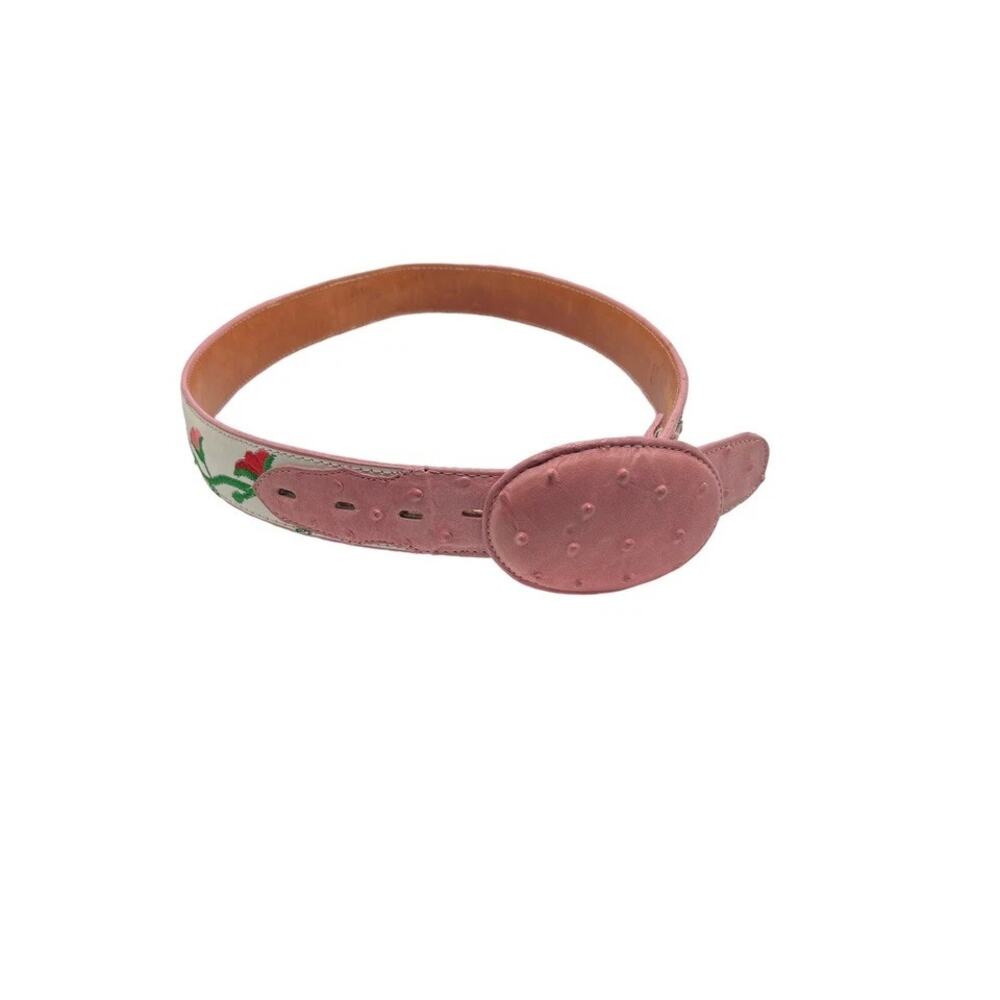 Aguila‎ Real Leather Pink Caiman Tail Embroidered Flowers Belt Rare Size 32